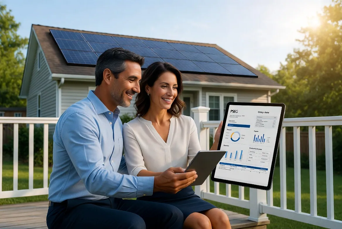 Homeowners reviewing utility usage charts on a tablet outside their home — illustration of solar bill and incentive review planning