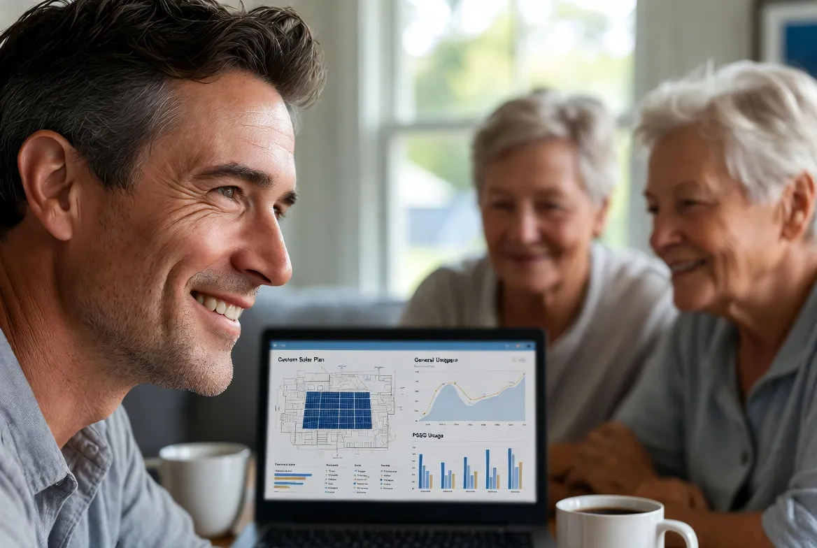Homeowner reviewing a custom solar layout and utility usage charts on a laptop — illustration of personalized solar quote review