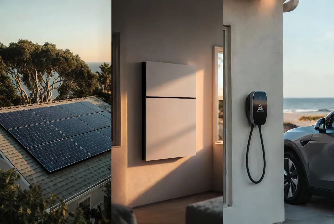 Composite illustration of residential solar panels, a wall-mounted home battery, and a Level 2 EV charger used to introduce home solar planning scope