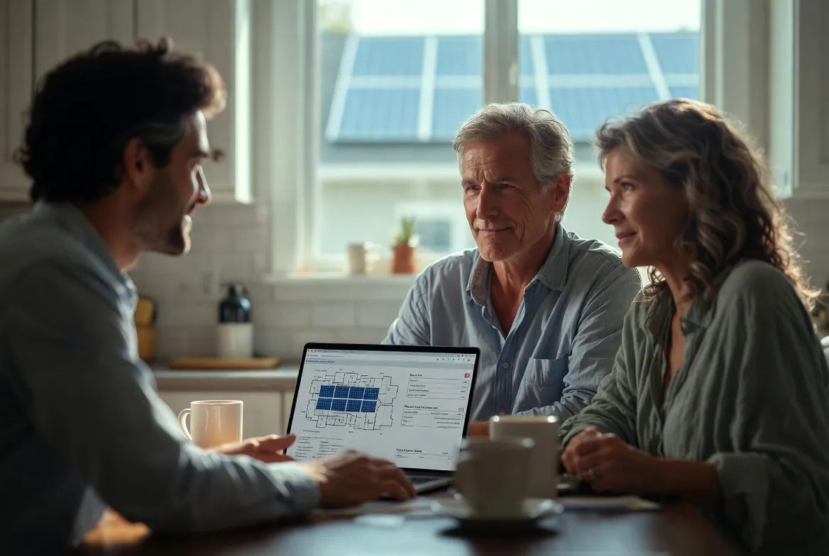 Homeowners reviewing a solar plan on a laptop at the kitchen table — illustration of a solar quote review conversation
