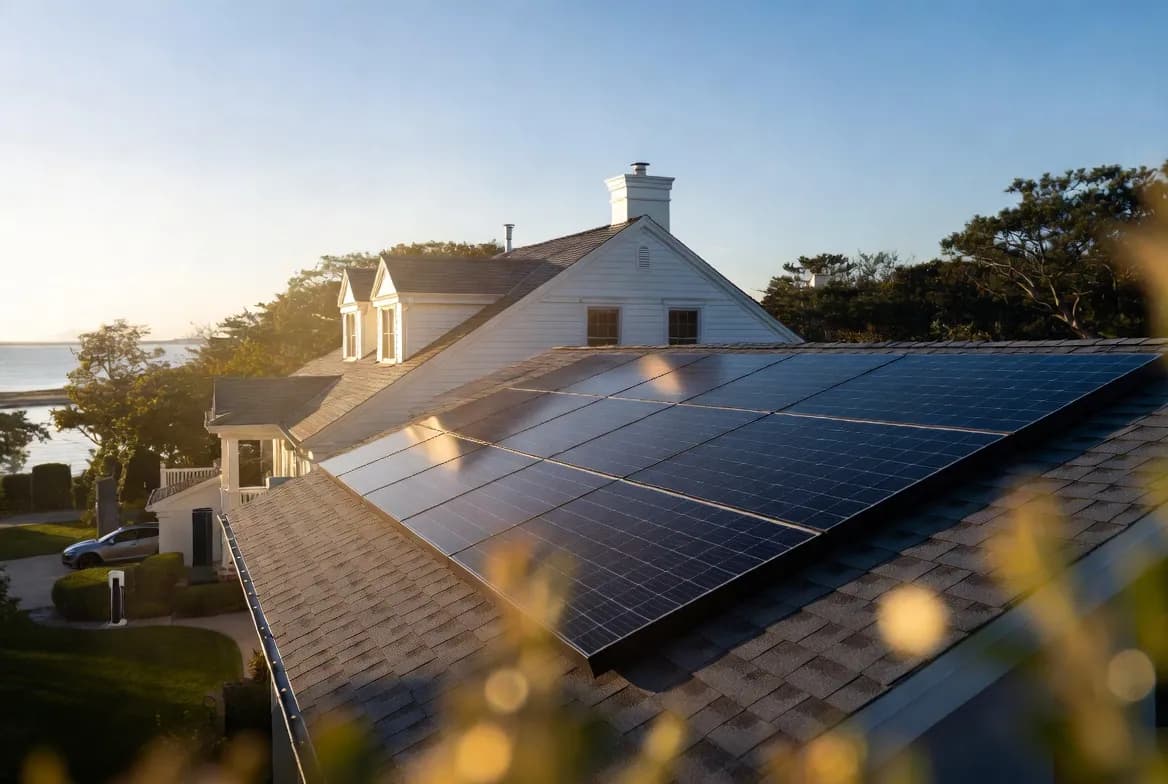 Solar panels on a residential roof in a Long Island coastal neighborhood at golden hour, illustrating residential solar planning