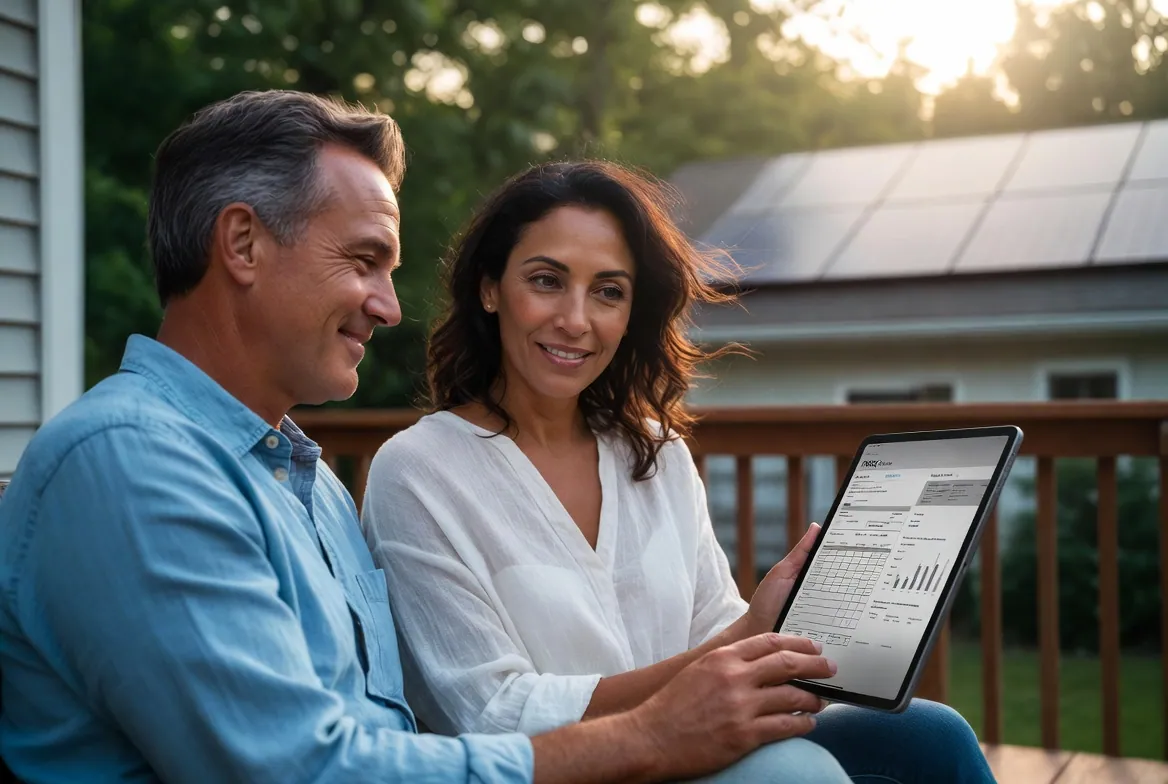 Homeowners reviewing utility usage on a tablet outside a Long Island home — illustration of utility bill review planning